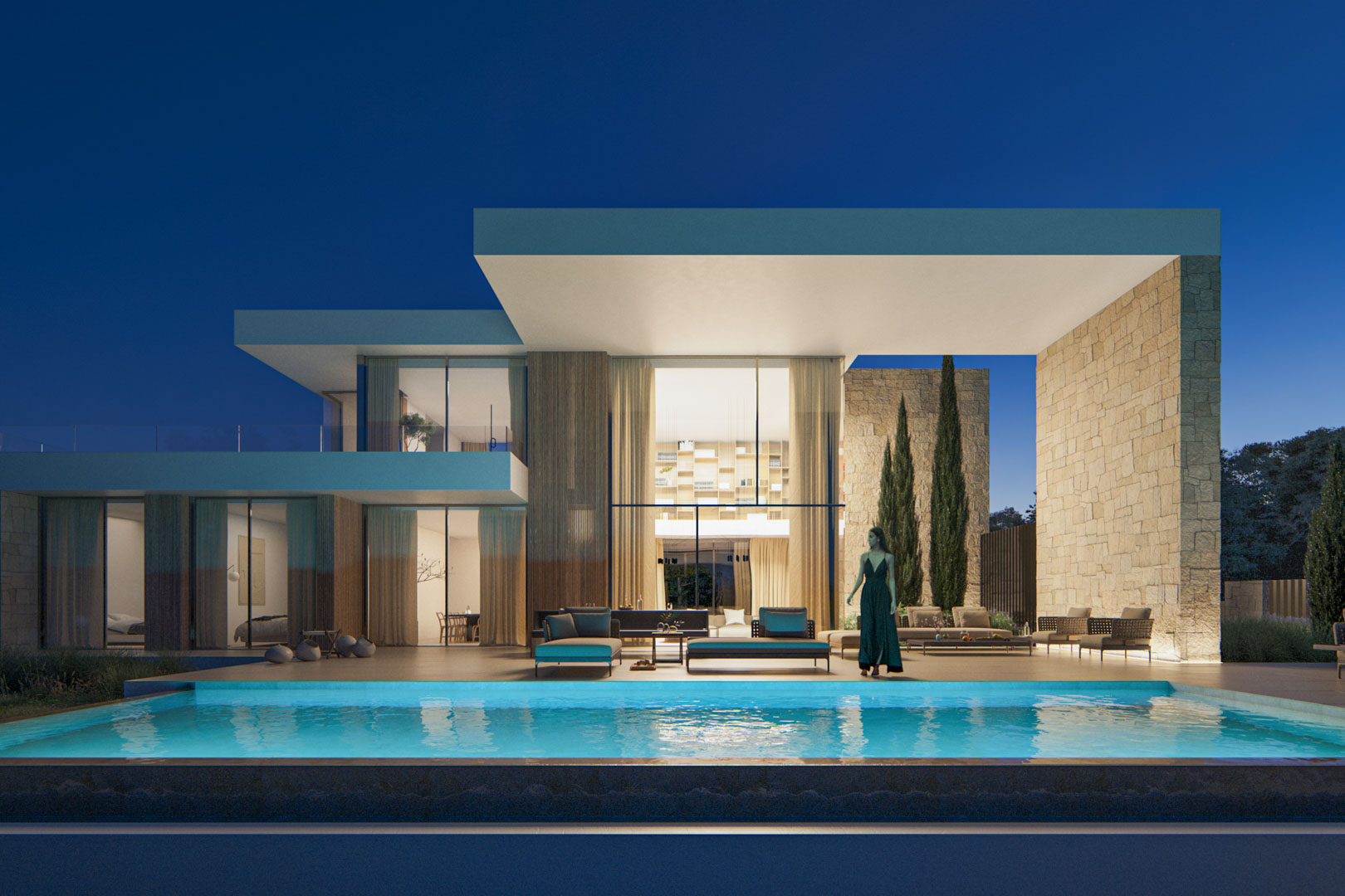 Außenansicht bei Nacht mit beleuchtetem Infinity-Pool, doppelhohen Glasfronten und Natursteinwänden unter einer modernen, auskragenden Dachkonstruktion.