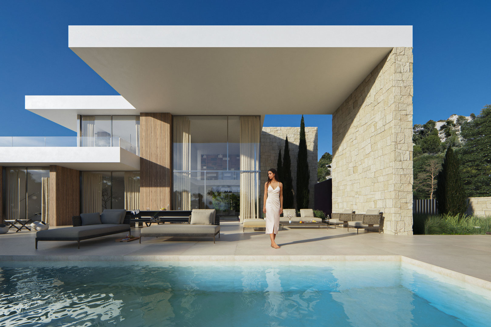 Außenansicht mit auskragendem Dach, Natursteinwänden und Infinity-Pool. Bodentiefe Glasfronten verbinden den Wohnbereich nahtlos mit der Terrasse.