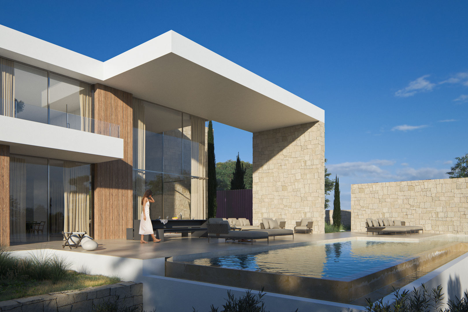 Außenfassade mit auskragendem Vordach, Natursteinwänden und Infinity-Pool. Bodentiefe Glasfronten verbinden den Wohnbereich nahtlos mit der großzügigen Terrasse.