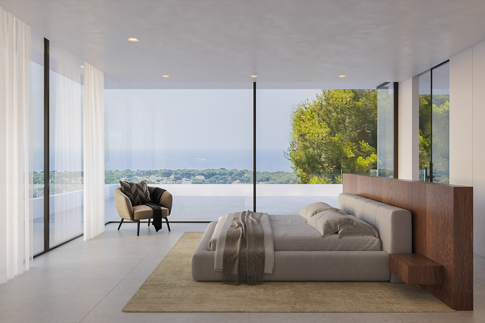 Hauptschlafzimmer mit bodentiefen Glasfronten und Meerblick, integriertem Holz-Kopfteil und minimalistischem Design mit hochwertigen Bodenfliesen.