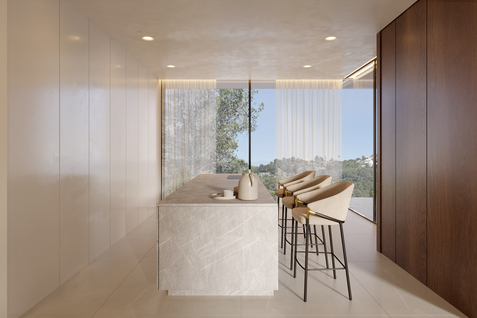 Minimalistische Küche mit Steininsel, Designer-Barhockern und bodentiefen Fenstern mit Blick auf die mediterrane Landschaft von Moraira.