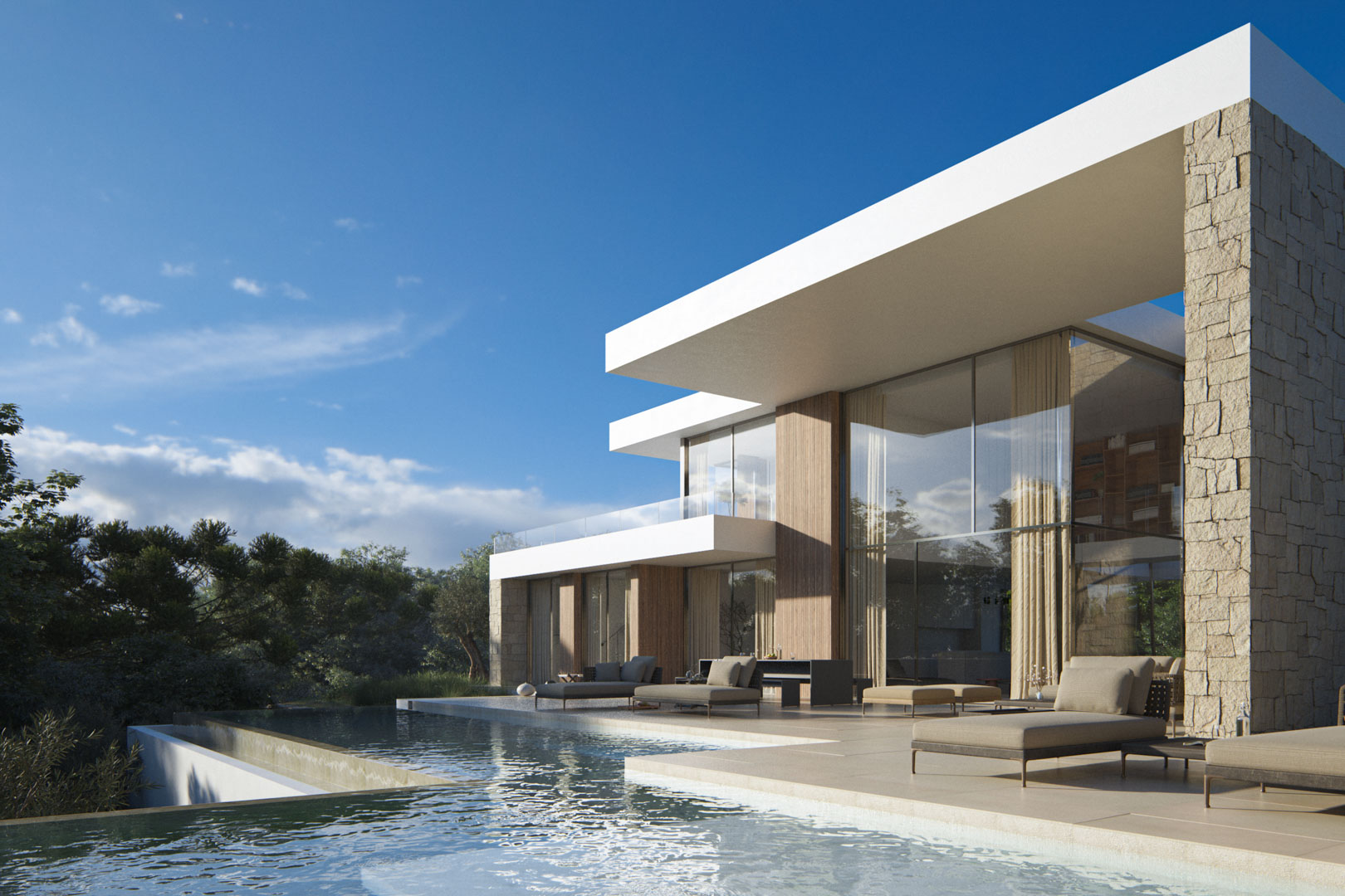Moderne Außenansicht mit mehrstufigem Infinity-Pool, Natursteinwänden und bodentiefen Glasfronten, die den Wohnbereich nahtlos mit der Terrasse verbinden.