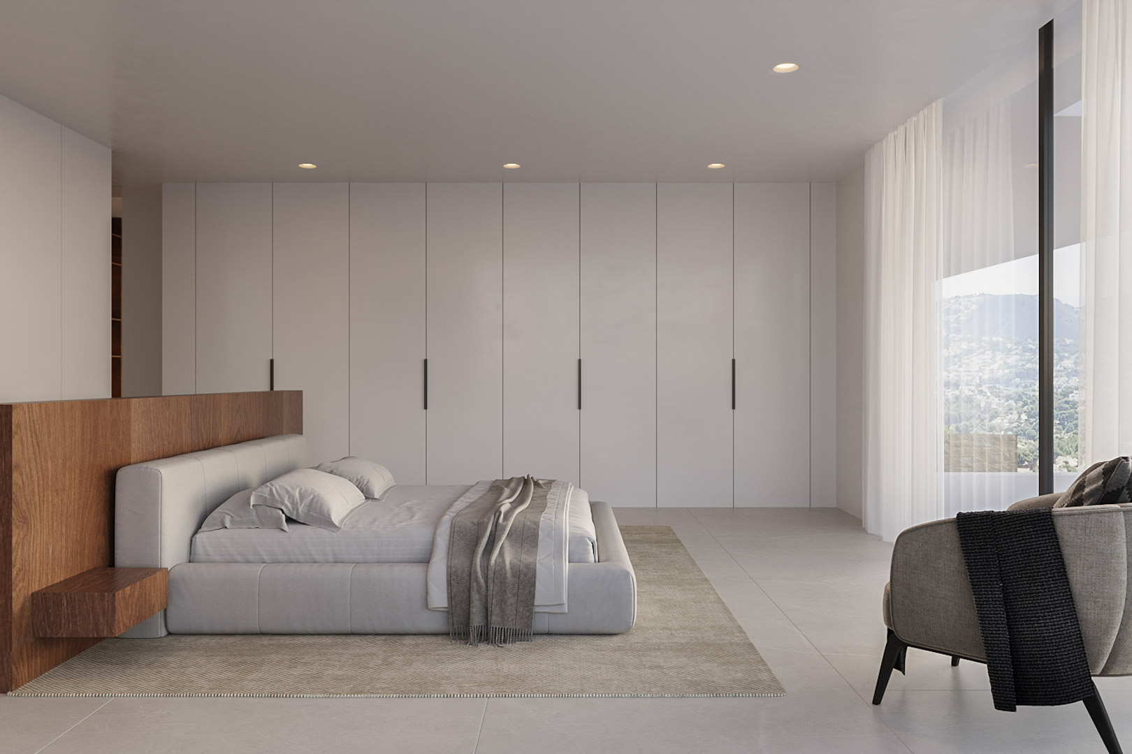 Modernes Schlafzimmer mit minimalistischen Einbauschränken, Kopfteil aus Edelholz und bodentiefen Fenstern mit weitem Blick auf die Berglandschaft.