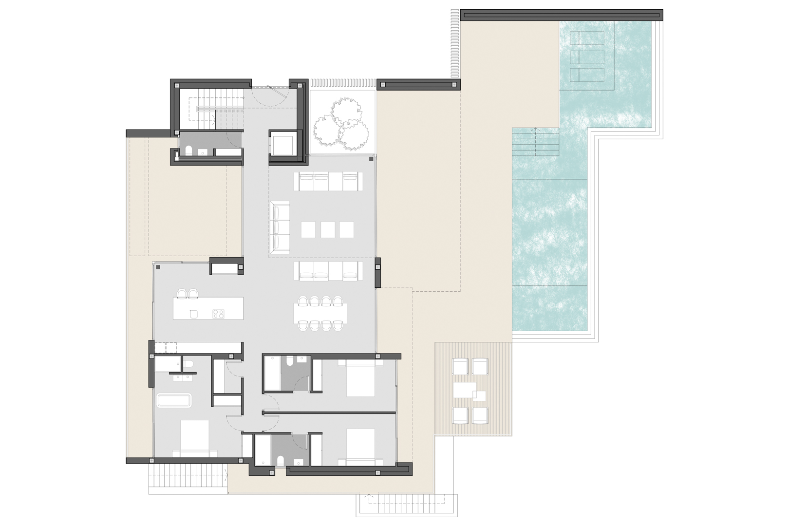 Technischer Grundriss des Erdgeschosses mit Wohn-Essbereich, Kochinsel, drei Schlafzimmern und Außenbereich inklusive Terrasse und Infinity-Pool.