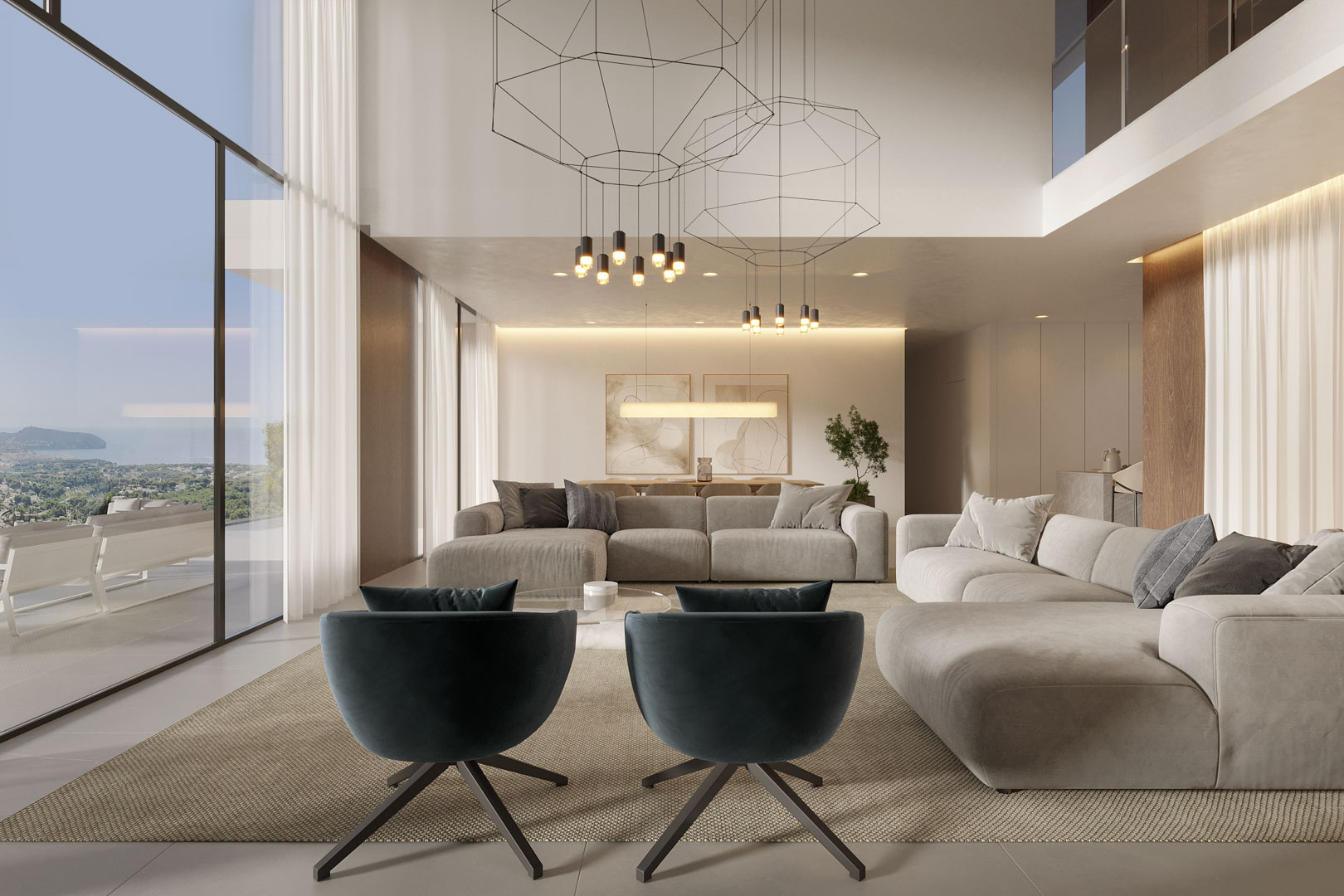 Wohnbereich mit doppelter Deckenhöhe, bodentiefen Panoramafenstern mit Meerblick, geometrischen Designerleuchten und moderner Innenausstattung.