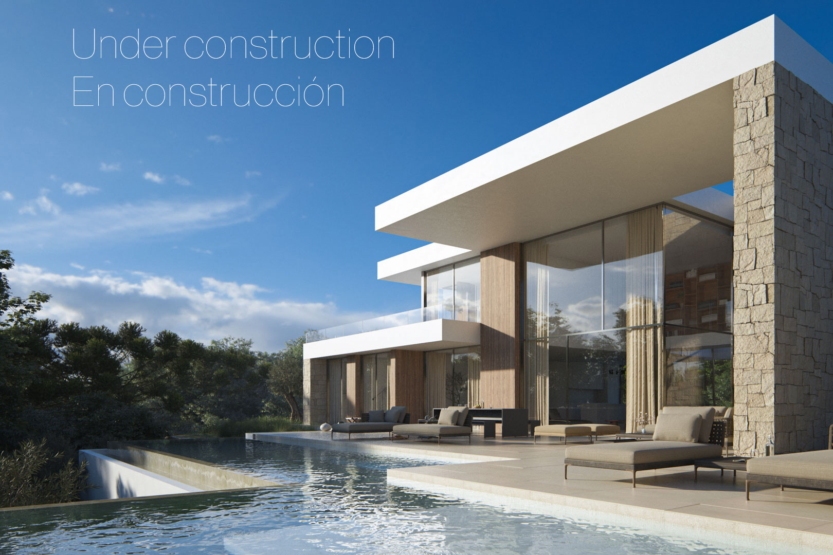 Zeitgenössische Fassade mit großflächigen Glasfronten, Natursteinwänden und einem Infinity-Pool auf der Hauptterrasse mit modernen Sonnenliegen.