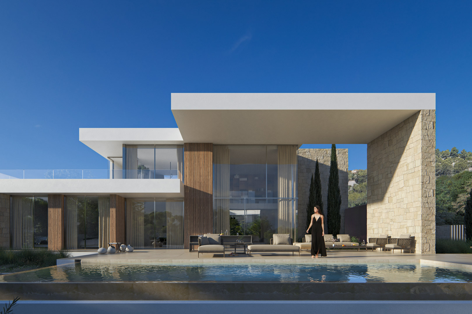 Zeitgenössische Fassade mit Infinity-Pool, großem auskragendem Vordach sowie Naturstein- und Holzverkleidung. Bodentiefe Fenster verbinden den Innenraum mit der Terrasse.