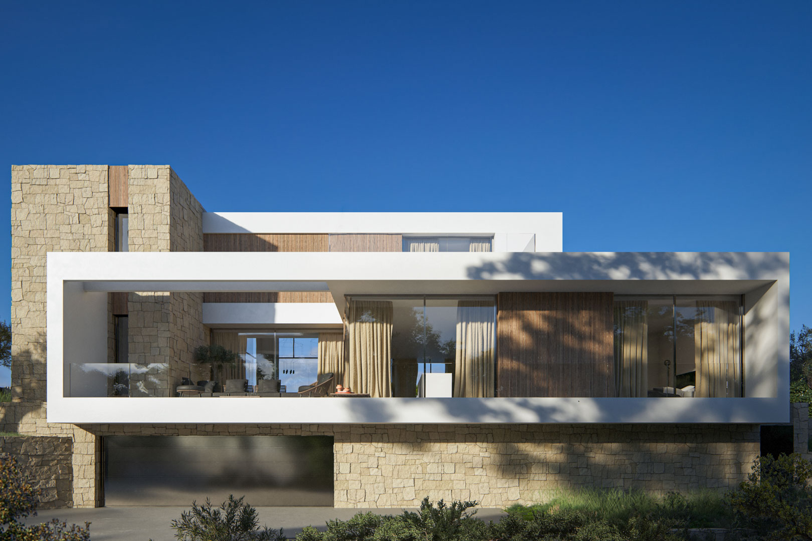 Zeitgenössische Fassade mit Natursteinwänden, vertikaler Holzverkleidung und großen Glasfronten mit Glasgeländern.