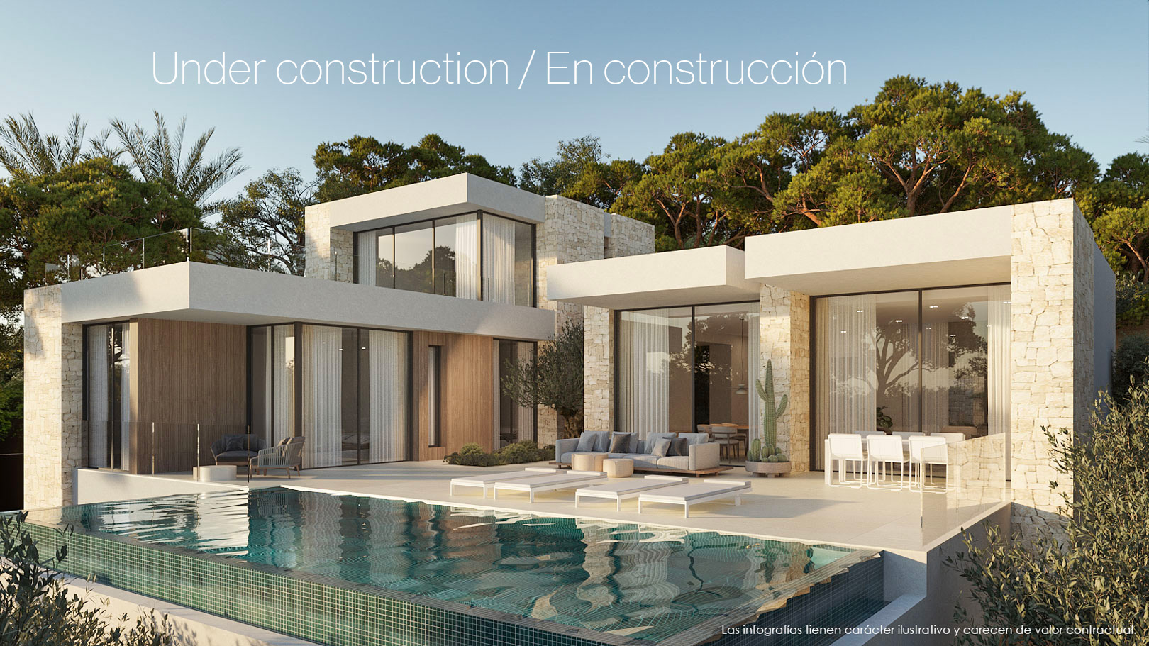 Außenansicht der Villa mit Fassaden aus Naturstein und Holz, einem Infinity-Pool und einer großzügigen Terrasse inmitten von Pinien.