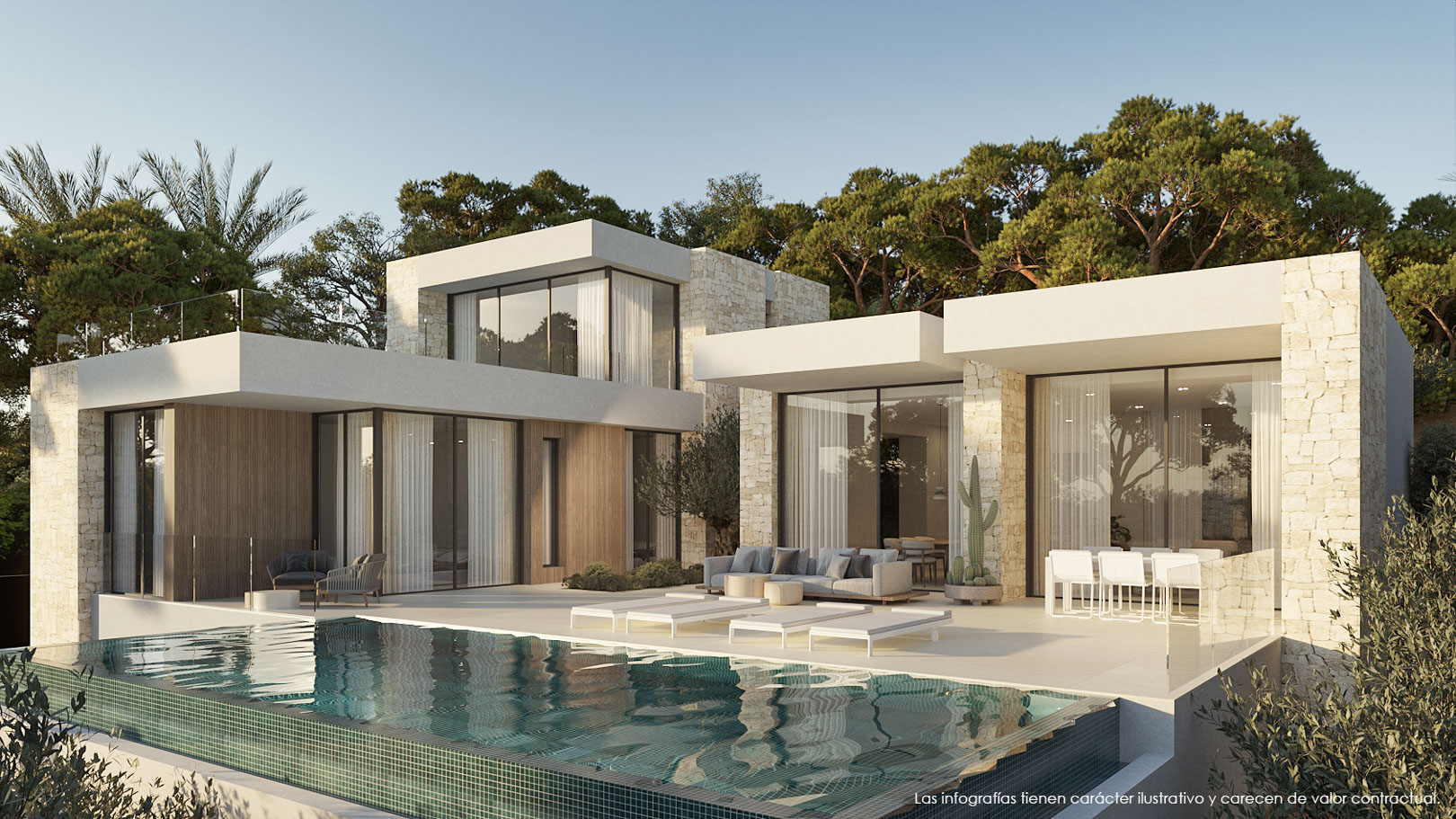 Moderne Architektur mit Naturstein und Holzfassade, Infinity-Pool und weitläufiger Terrasse mit Lounge- und Essbereich vor einer Waldkulisse.
