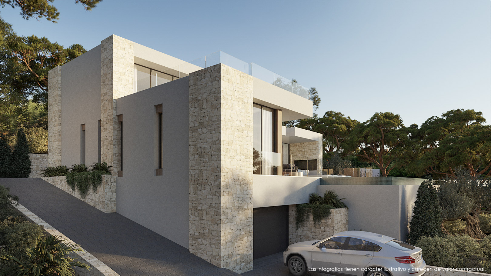 Moderne Außenansicht mit Natursteinwänden, großen Glasfronten und privater Garageneinfahrt, eingebettet in eine mediterrane Landschaft.
