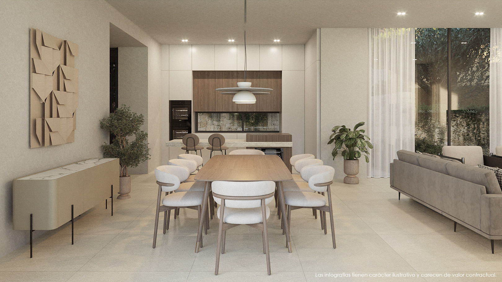 Offener Wohnbereich mit Esstisch aus Holz, moderner Einbauküche in Weiß- und Holztönen sowie bodentiefen Fenstern, die für ein helles, einladendes Ambiente sorgen.