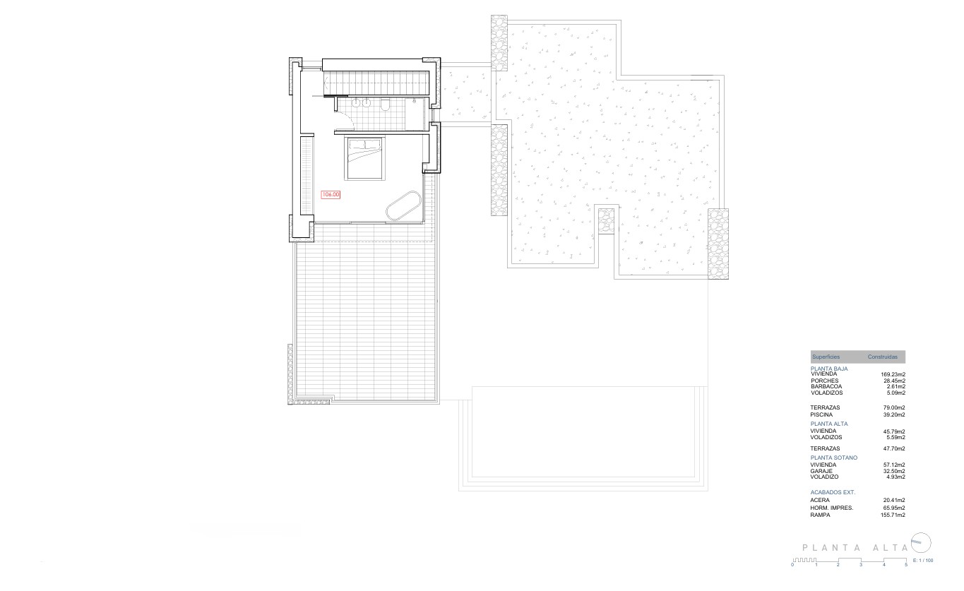 Technischer Grundriss des Obergeschosses mit der Master-Suite, dem en-suite Badezimmer und einer großzügigen privaten Dachterrasse.