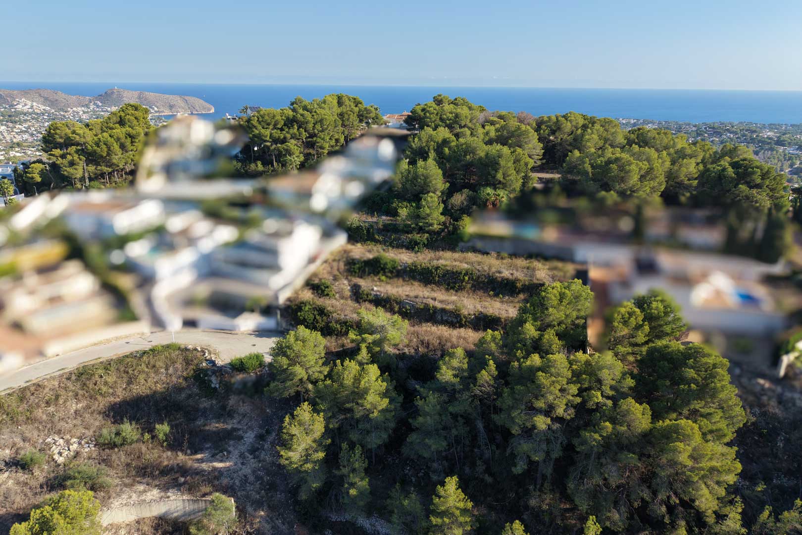 Luftaufnahme eines terrassierten Baugrundstücks in Moraira, umgeben von Pinien und mit weitem Blick auf das Mittelmeer und die Küstenlinie.