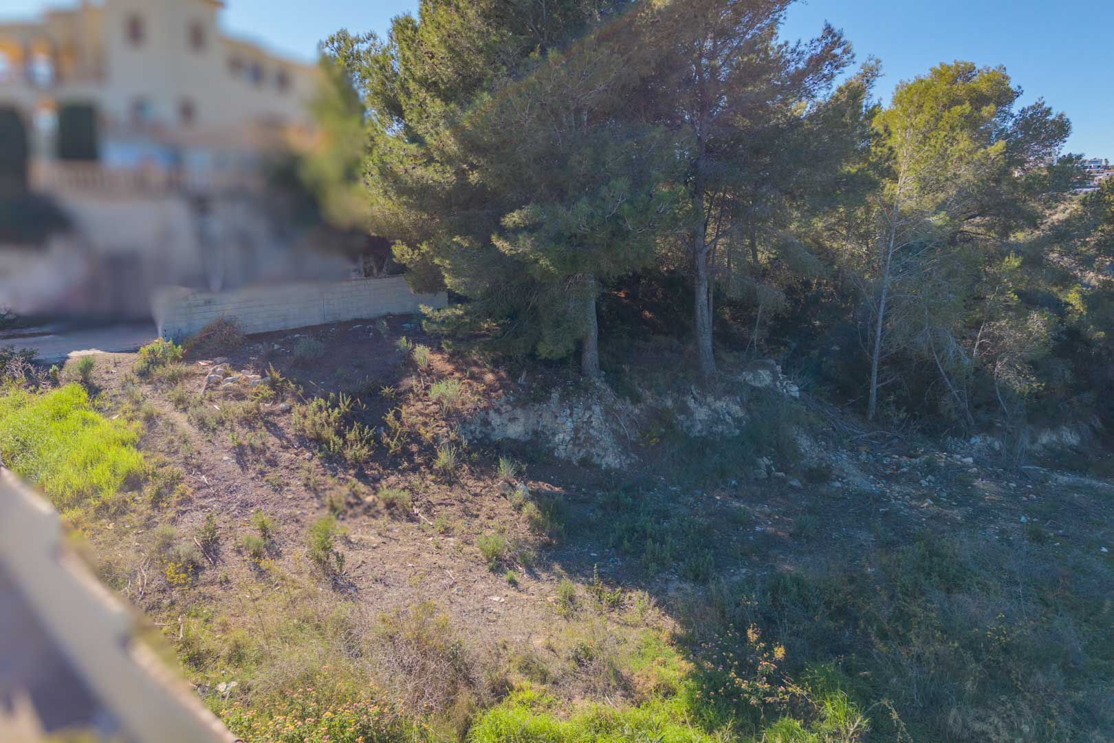Abfallendes Baugrundstück mit natürlicher mediterraner Vegetation und altem Pinienbestand in einer ruhigen Wohngegend von Moraira.