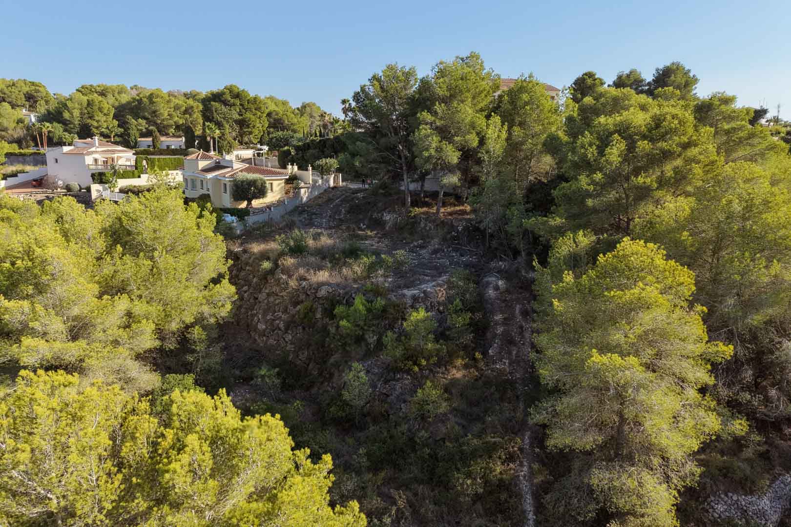 Erhöhtes Baugrundstück in Benimeit, umgeben von Pinien und mediterraner Vegetation, mit natürlichem Terrassen-Gelände und Blick auf benachbarte Villen.