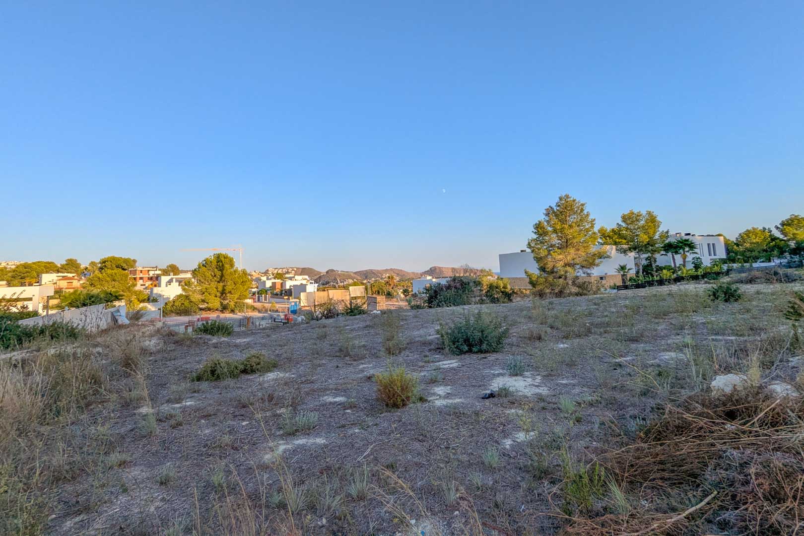 Ebenes Stadtgrundstück in El Tesoro mit offenem Talblick und einheimischer Vegetation, umgeben von modernen Villen in einem wachsenden Wohngebiet.