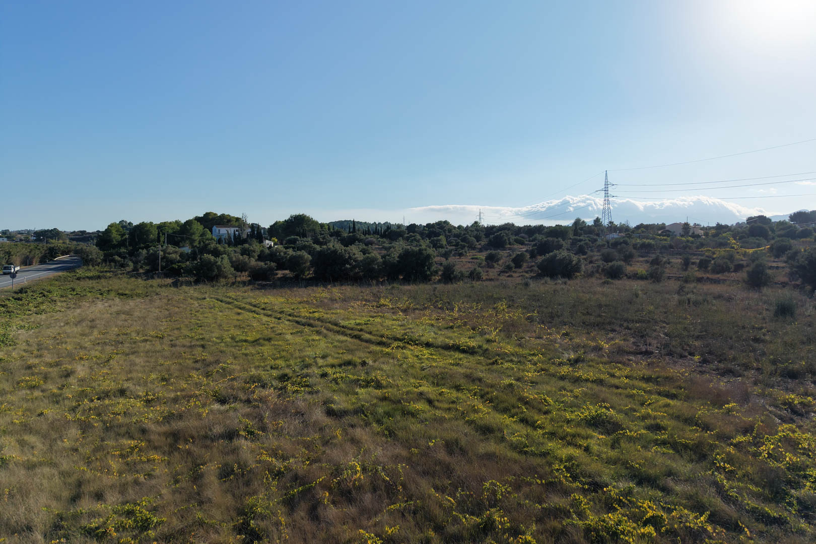Panoramablick auf das weitläufige, flache Grundstück in Teulada, umgeben von mediterraner Vegetation. Eine vielseitige Fläche, ideal für landwirtschaftliche Projekte oder Freizeitnutzung.