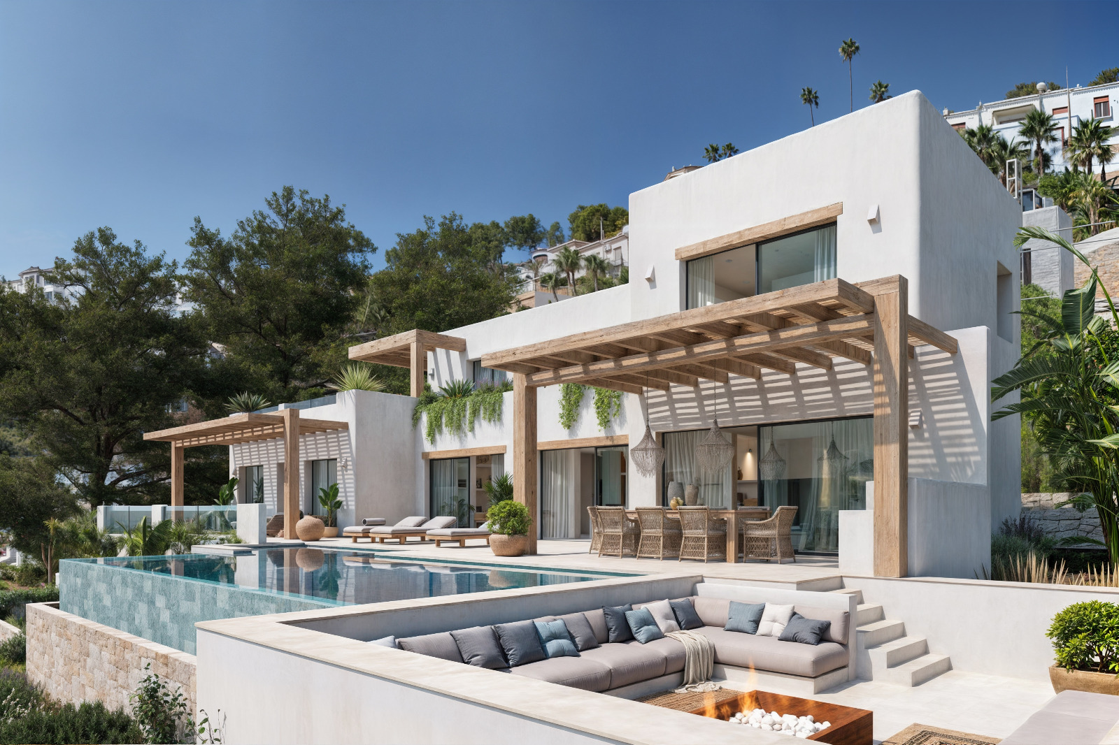 Außenansicht einer Villa im Ibiza-Stil mit weißer Putzfassade, Holzpergolen, Infinity-Pool und abgesenktem Loungebereich mit integrierter Feuerstelle.
