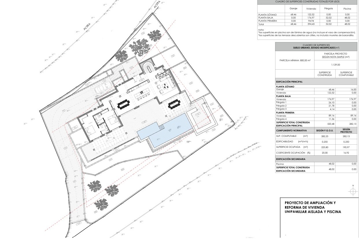 Detaillierter technischer Lageplan mit der Aufteilung der Villa auf dem Grundstück, einschließlich Erdgeschoss, Außenterrassen, Infinity-Pool und Tabellen der bebauten Flächen.