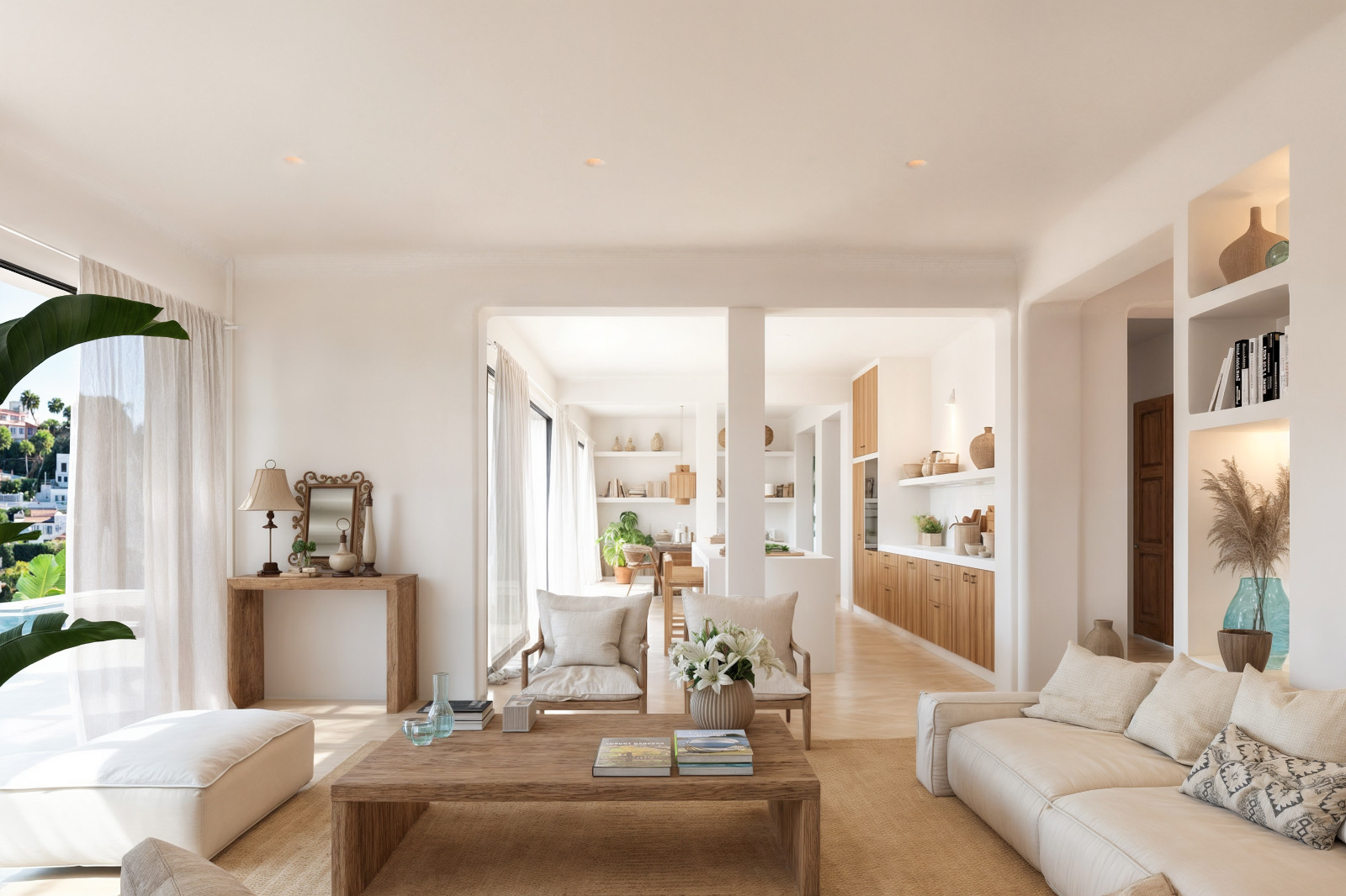Offener Wohnbereich mit weißen Putzwänden im Ibiza-Stil, Naturholzmöbeln und integrierten Regalen. Der Raum geht fließend in die Küche und den Essbereich über.