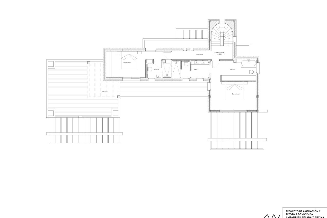 Technischer Grundriss des Obergeschosses mit Master-Suite, Ankleidezimmer, zusätzlichem Schlafzimmer, En-Suite-Bädern und weitläufigen Terrassen mit Pergolen.