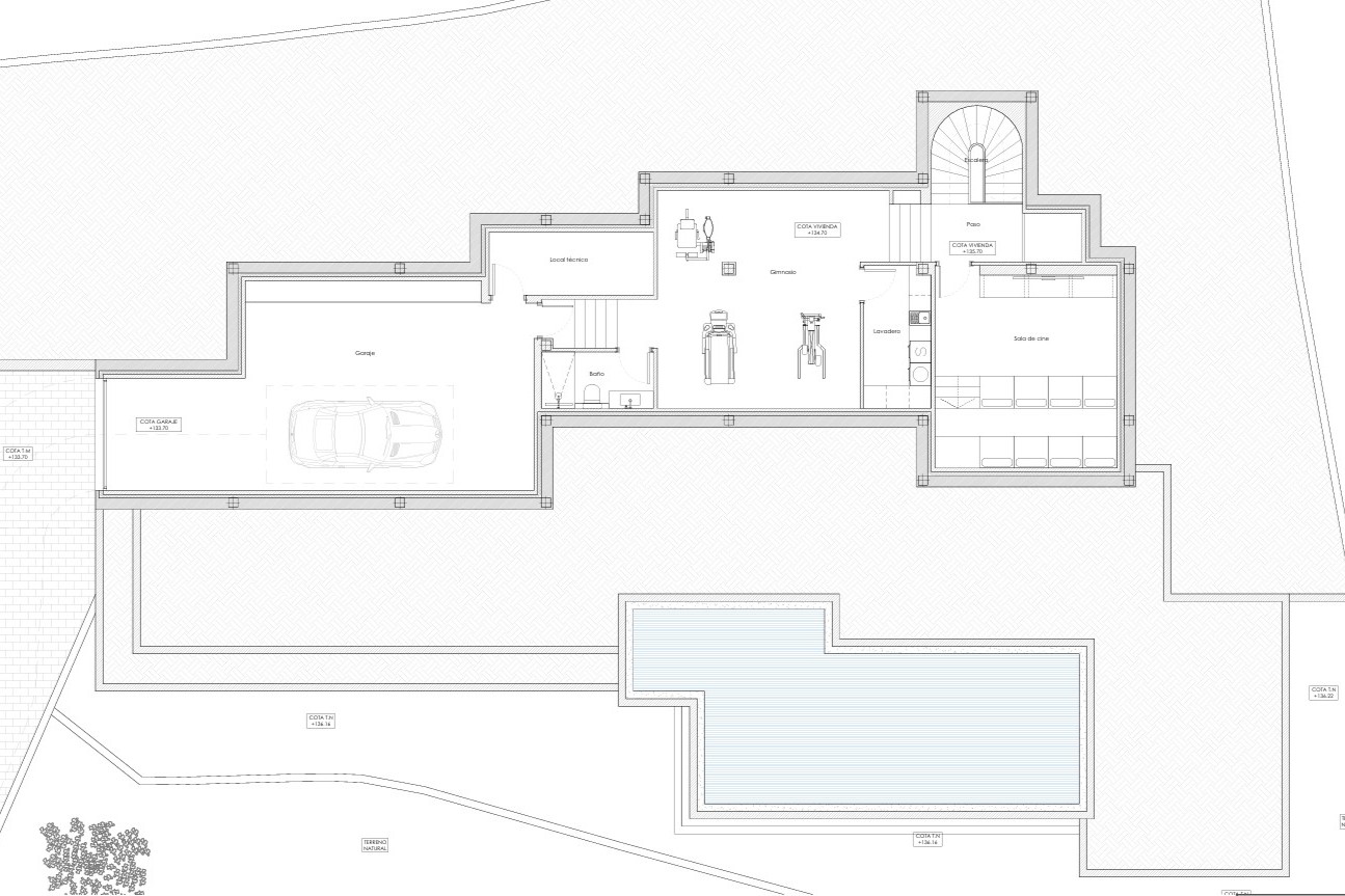 Technischer Grundriss des Untergeschosses mit Aufteilung für Garage, Fitnessraum, Heimkino, Waschküche und Badezimmer.