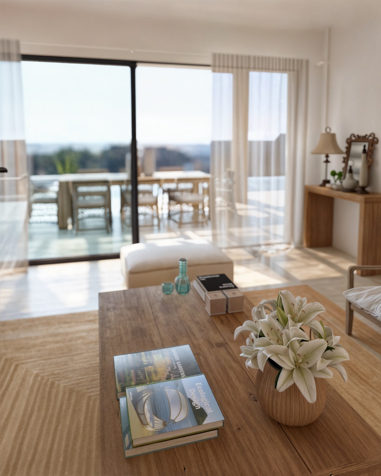 Wohnzimmer im Ibiza-Stil mit Naturholztisch und großen TECHNAL-Schiebetüren, die den Innenraum mit der Terrasse und dem Meerblick verbinden.