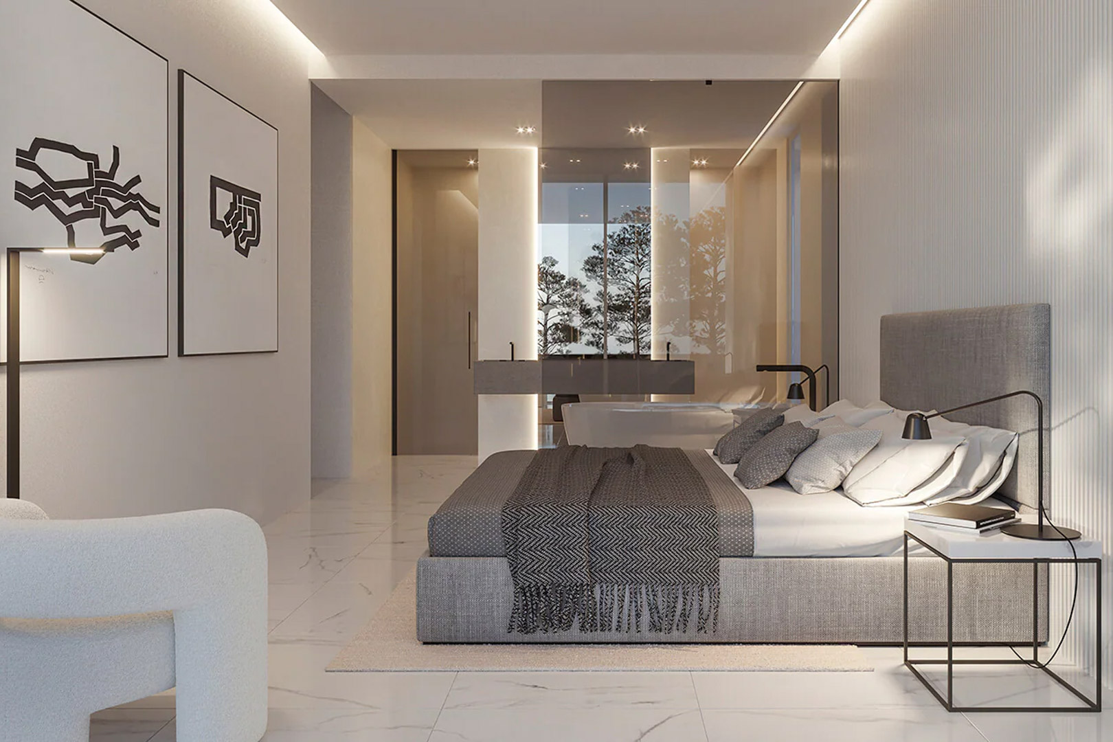 Hauptschlafzimmer mit integriertem Bad, Glastrennwänden und Marmorboden. Ausgestattet mit freistehender Badewanne und Doppelwaschtisch mit Blick ins Grüne.