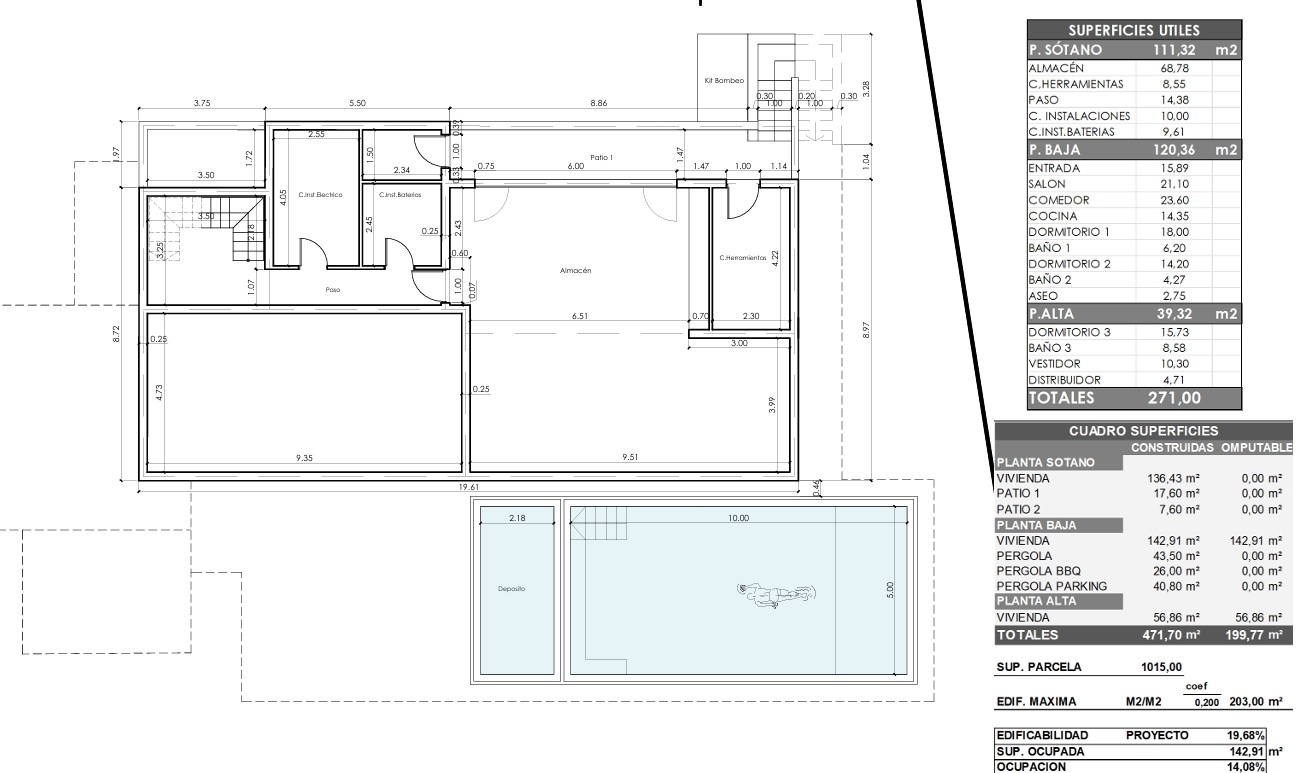 Detaillierter technischer Grundriss des Kellergeschosses und Poolbereichs mit Tabellen zu den Nutz- und Bruttogeschossflächen des Hauses.
