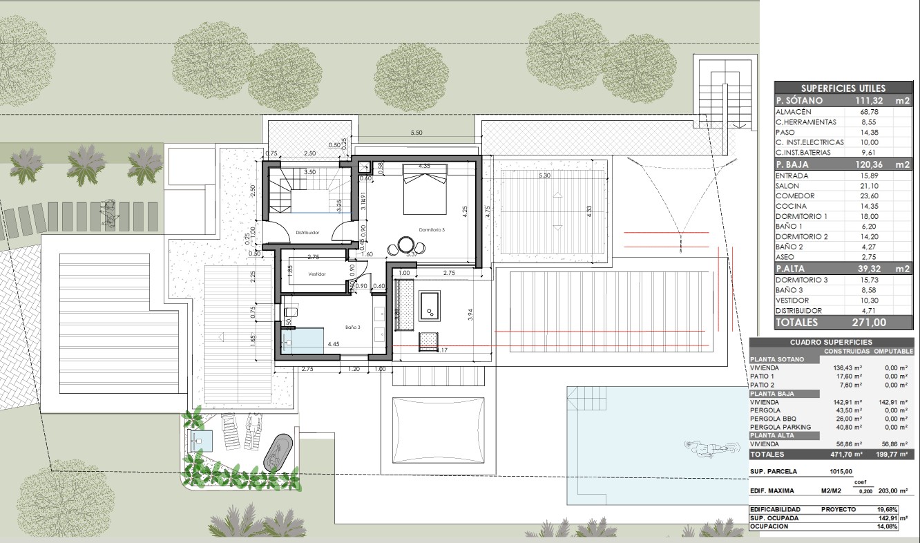 Technischer Grundriss des Obergeschosses mit Darstellung der Mastersuite, des Ankleidezimmers, des Badezimmers und der Terrasse sowie der Flächentabelle.