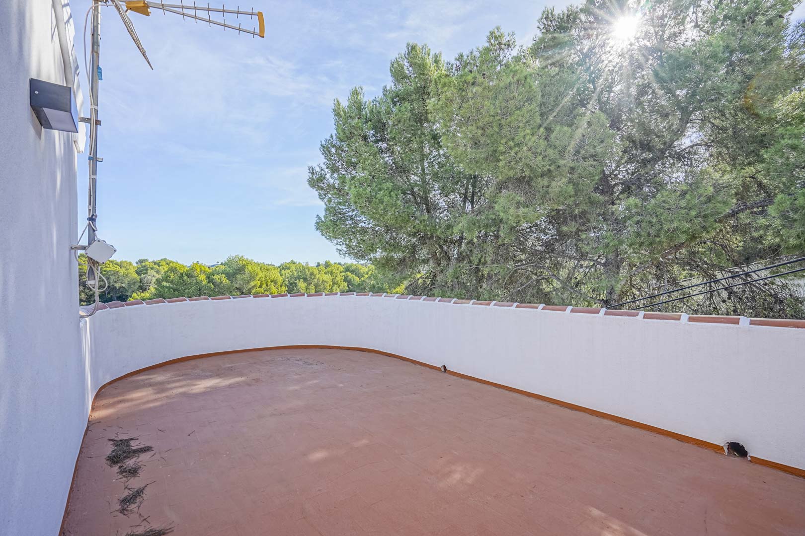 Dachterrasse mit Terrakotta-Fliesen und geschwungener Brüstung, die einen weiten Blick auf die umliegenden Pinienbäume und viel Sonnenlicht bietet.