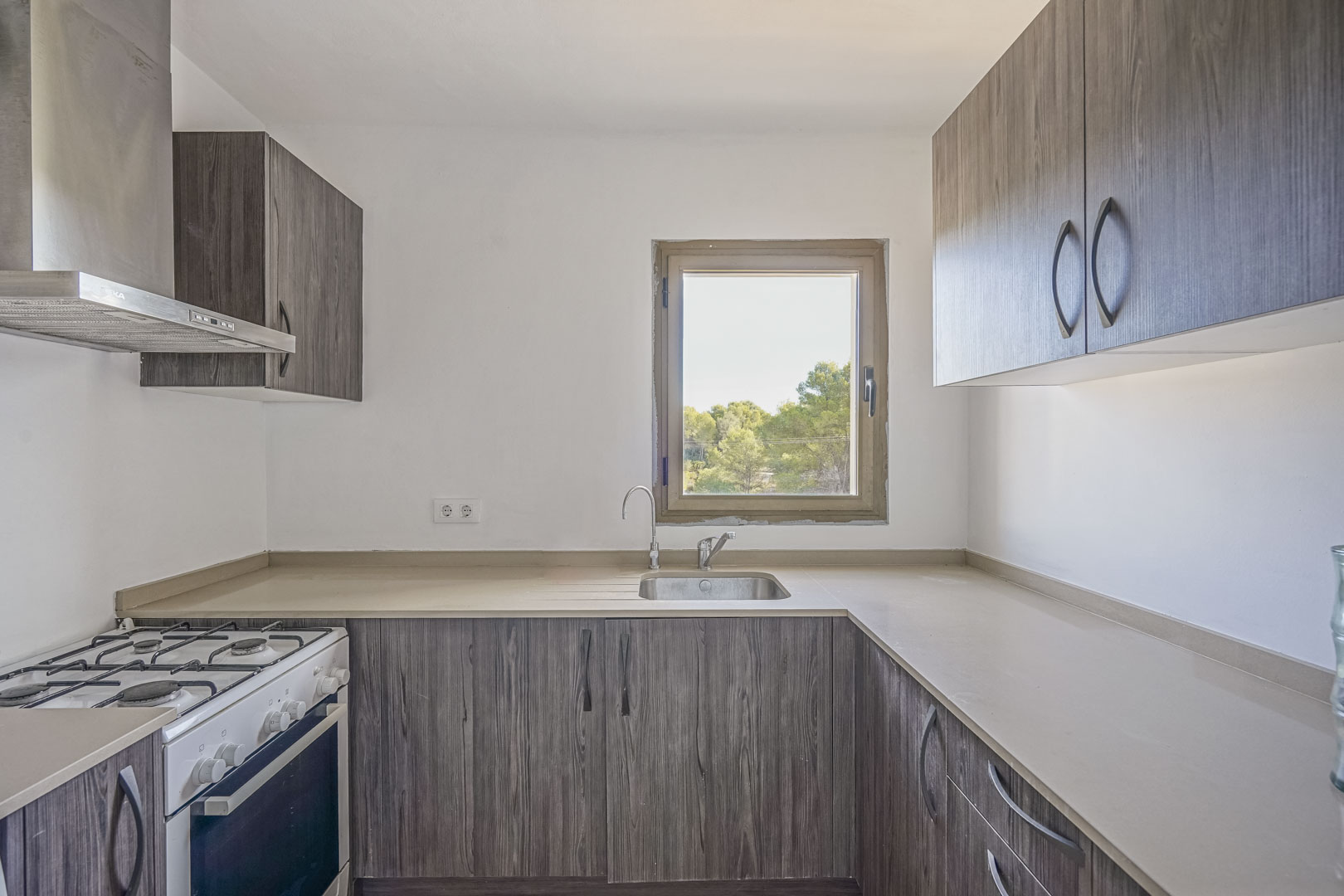 Funktionale Küche mit Schränken in dunkler Holzoptik, neutraler Arbeitsplatte und Fenster mit Blick ins Grüne. Ausgestattet mit Gasherd und Edelstahl-Dunstabzugshaube.