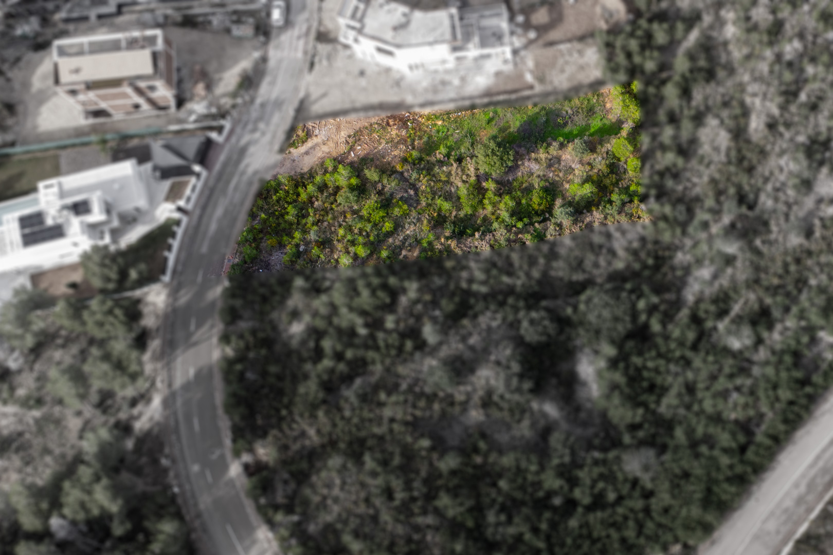 Luftaufnahme des hervorgehobenen rechteckigen Grundstücks mit natürlicher Vegetation und direktem Zugang über eine asphaltierte Straße im Wohngebiet.