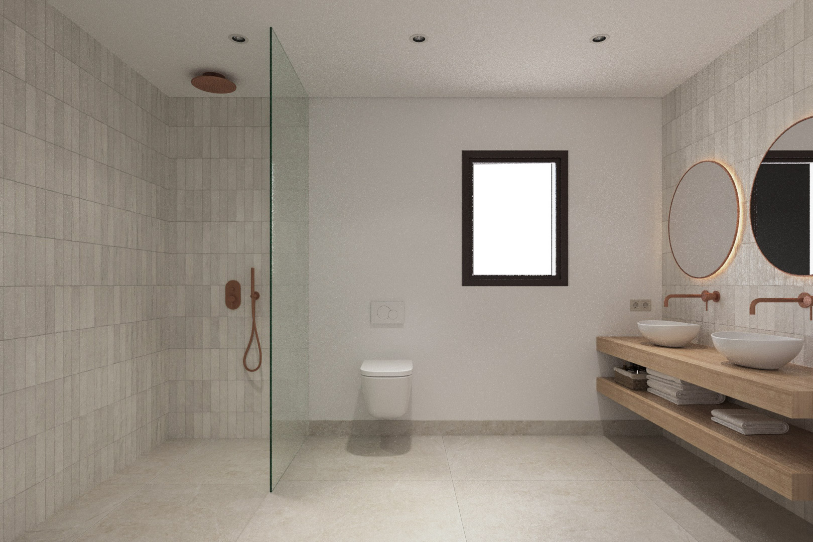 Badezimmer im Ibiza-Stil mit begehbarer Dusche, Kupferarmaturen, Doppelwaschbecken auf Holzregalen und hintergrundbeleuchteten runden Spiegeln.