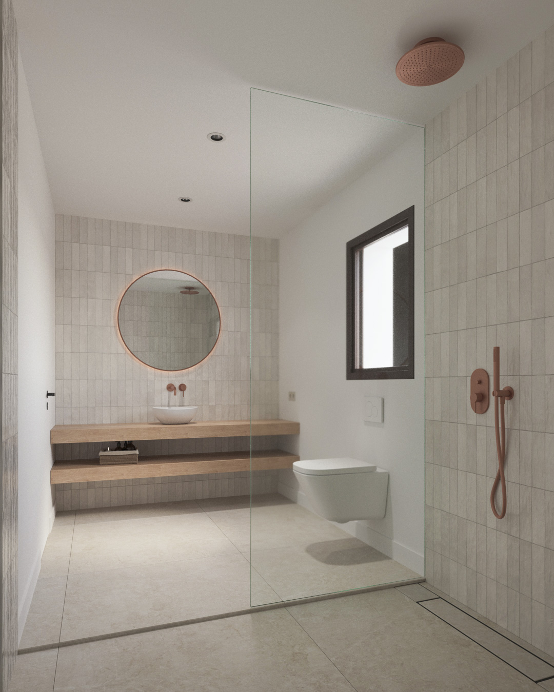 Badezimmer im ibizenkischen Stil mit Holzwaschtisch, kupferfarbenen Armaturen, hinterleuchtetem Rundspiegel und begehbarer Dusche mit Glastrennwand und vertikalen Fliesen.