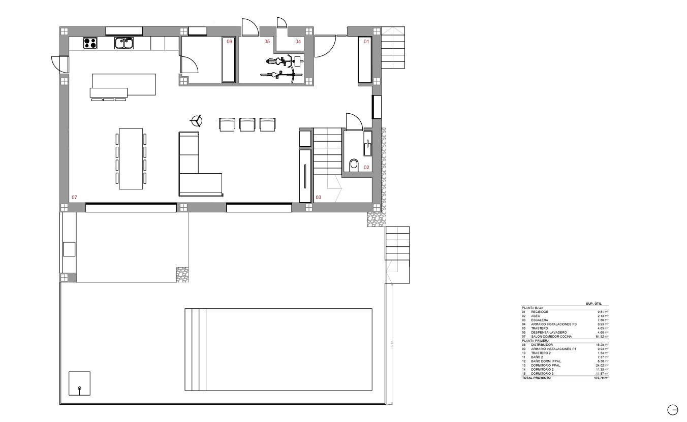 Detaillierter Grundriss des Erdgeschosses mit offenem Wohn-Essbereich, Kochinsel, Speisekammer, Gäste-WC und direktem Zugang zur Terrasse mit Pool.