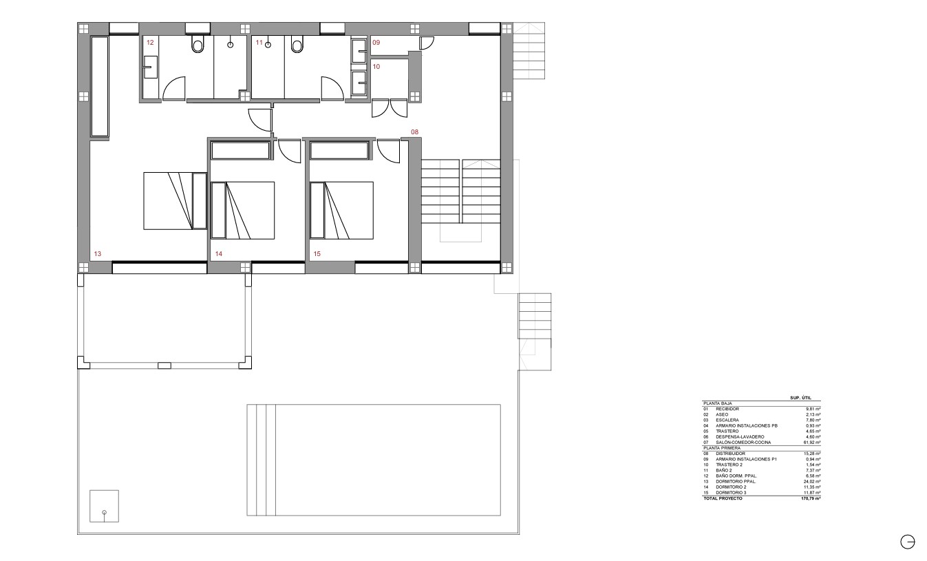 Detaillierter Grundriss des Obergeschosses mit drei Schlafzimmern, zwei Badezimmern sowie dem Außenbereich mit Terrasse und 8x4 Meter großem Pool.
