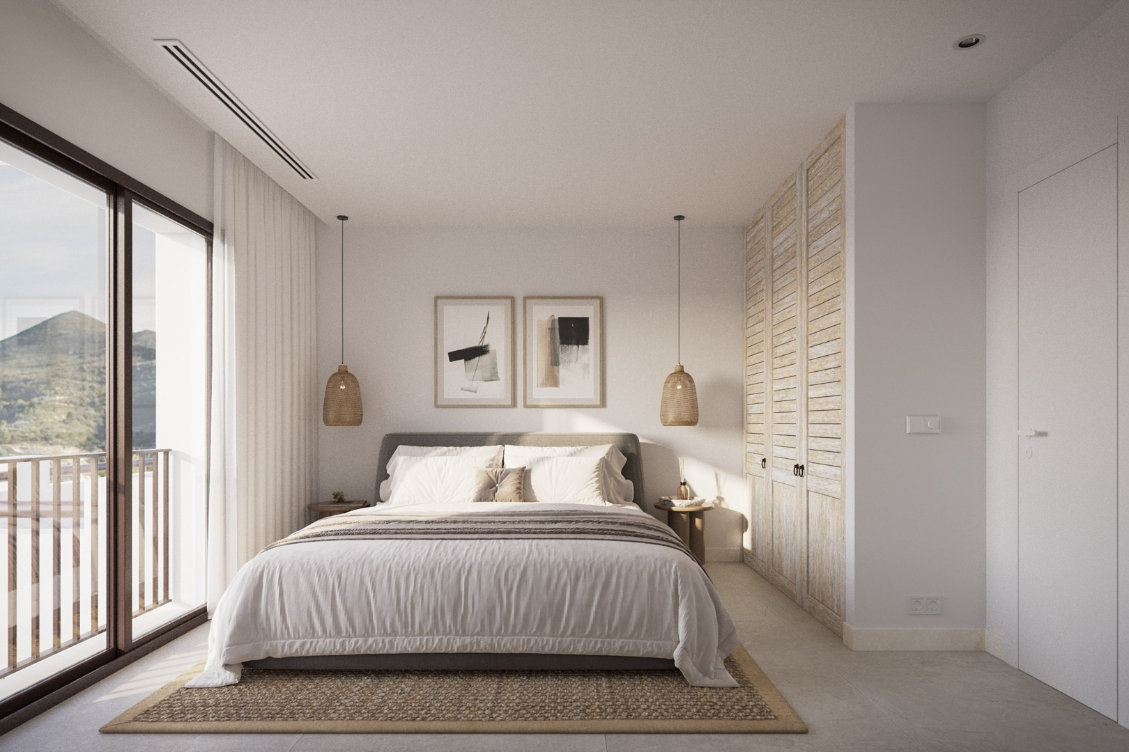 Hauptschlafzimmer mit Einbauschränken aus hellem Holz, Pendelleuchten aus Korbgeflecht und direktem Zugang zur Terrasse mit Blick auf die Berge.
