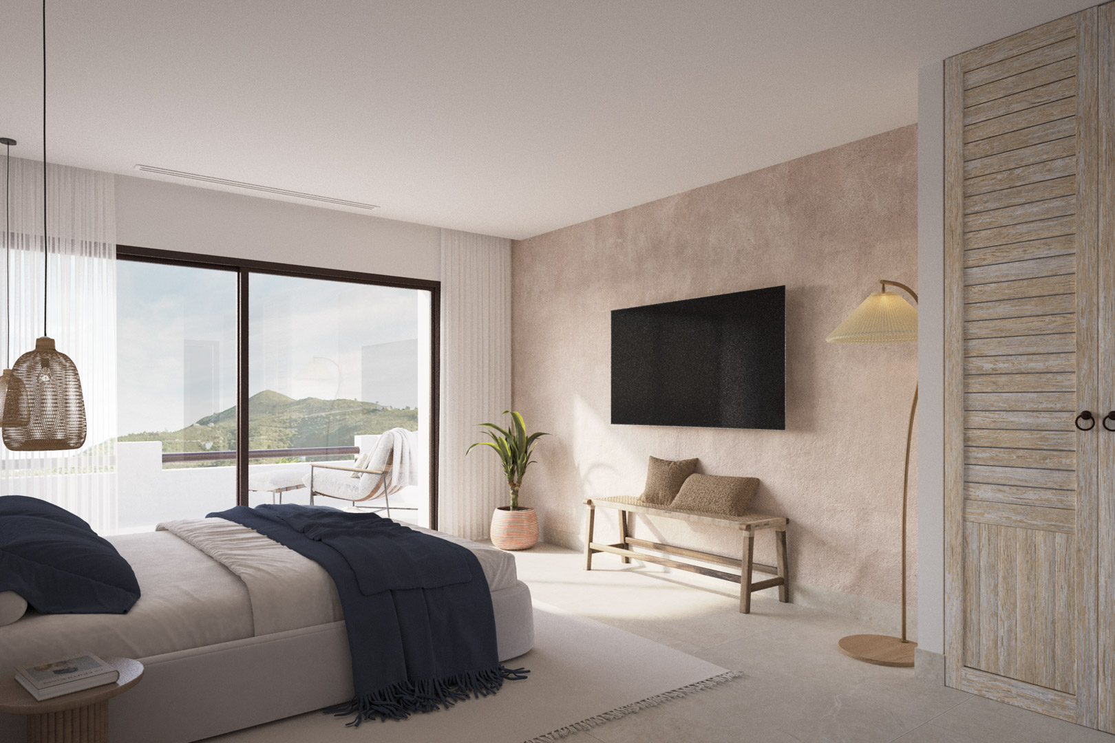 Hauptschlafzimmer mit strukturierter Wand in Erdtönen, rustikalen Holzeinbauschränken und direktem Zugang zur Terrasse mit Blick auf das Jalón-Tal.