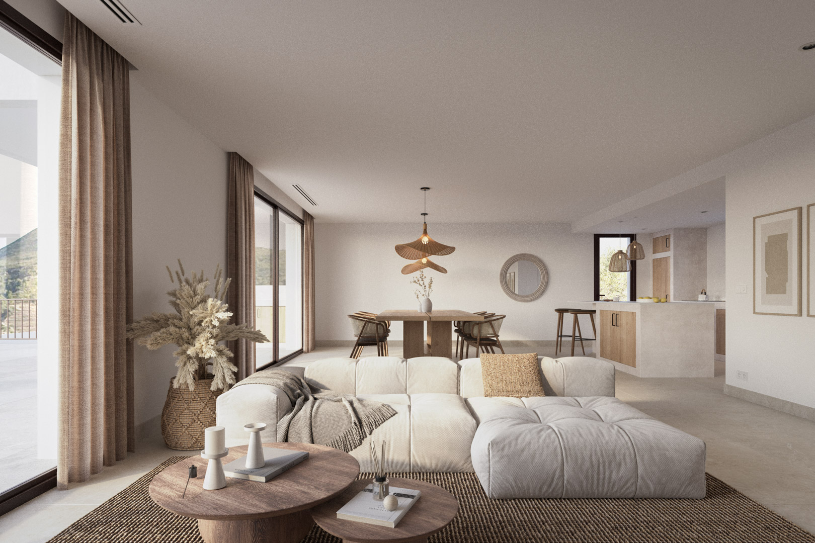 Offener Wohn- und Essbereich mit bodentiefen Glasfronten, cremefarbenem Sofa und einer integrierten Küche mit Kochinsel im modernen ibizenkischen Stil.