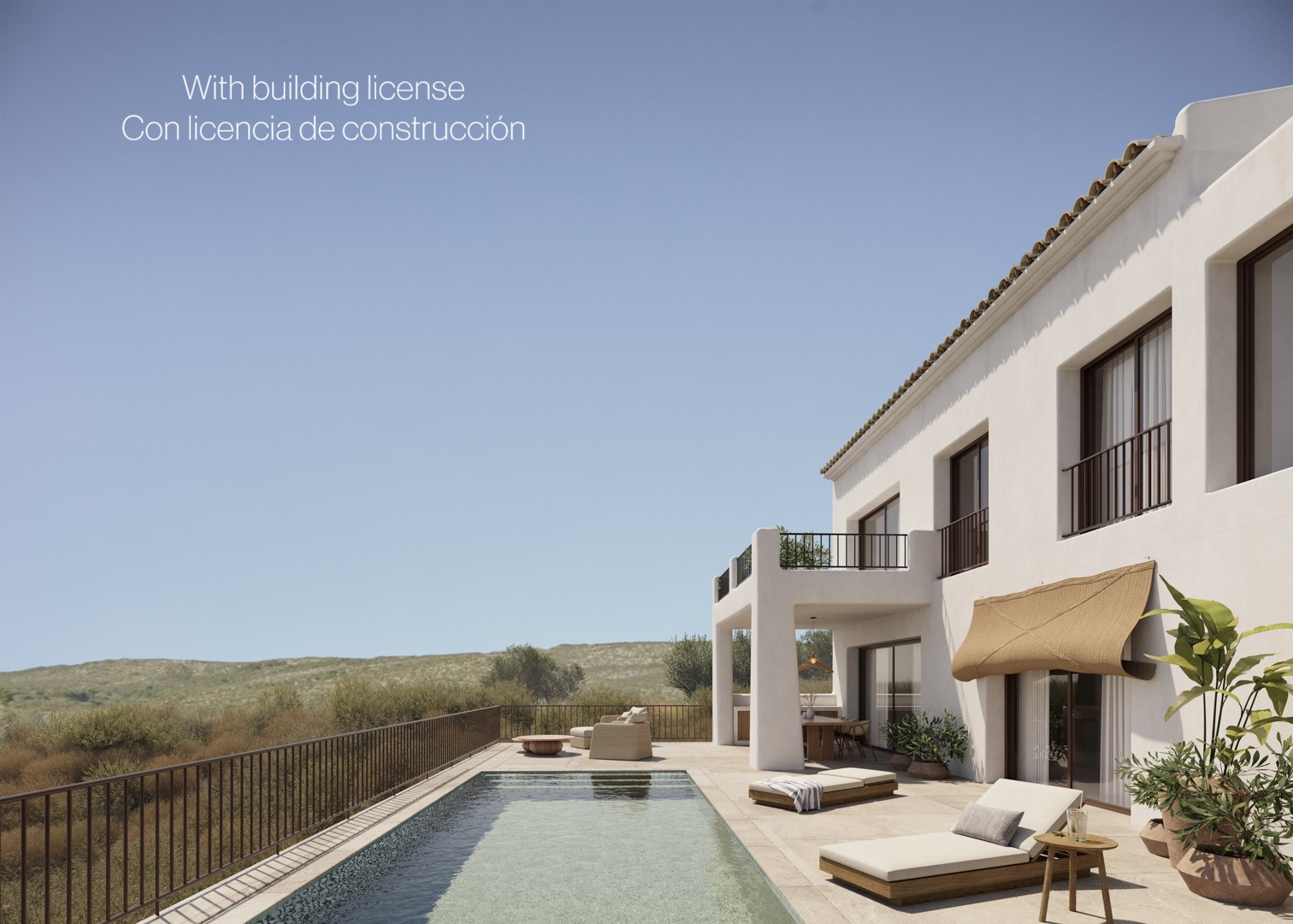 Weiße Fassade im Ibiza-Stil mit 8x4m Pool, Natursteinterrasse und überdachter Veranda mit Blick auf die Landschaft des Jalón-Tals.