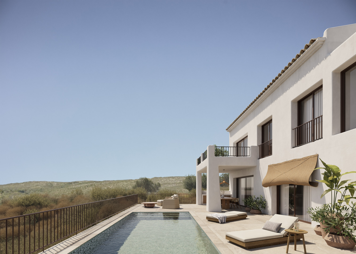 Weiße Fassade im Ibiza-Stil mit rechteckigem Pool, Natursteinterrasse und Außenwohnbereichen mit Panoramablick auf das malerische Jalón-Tal.