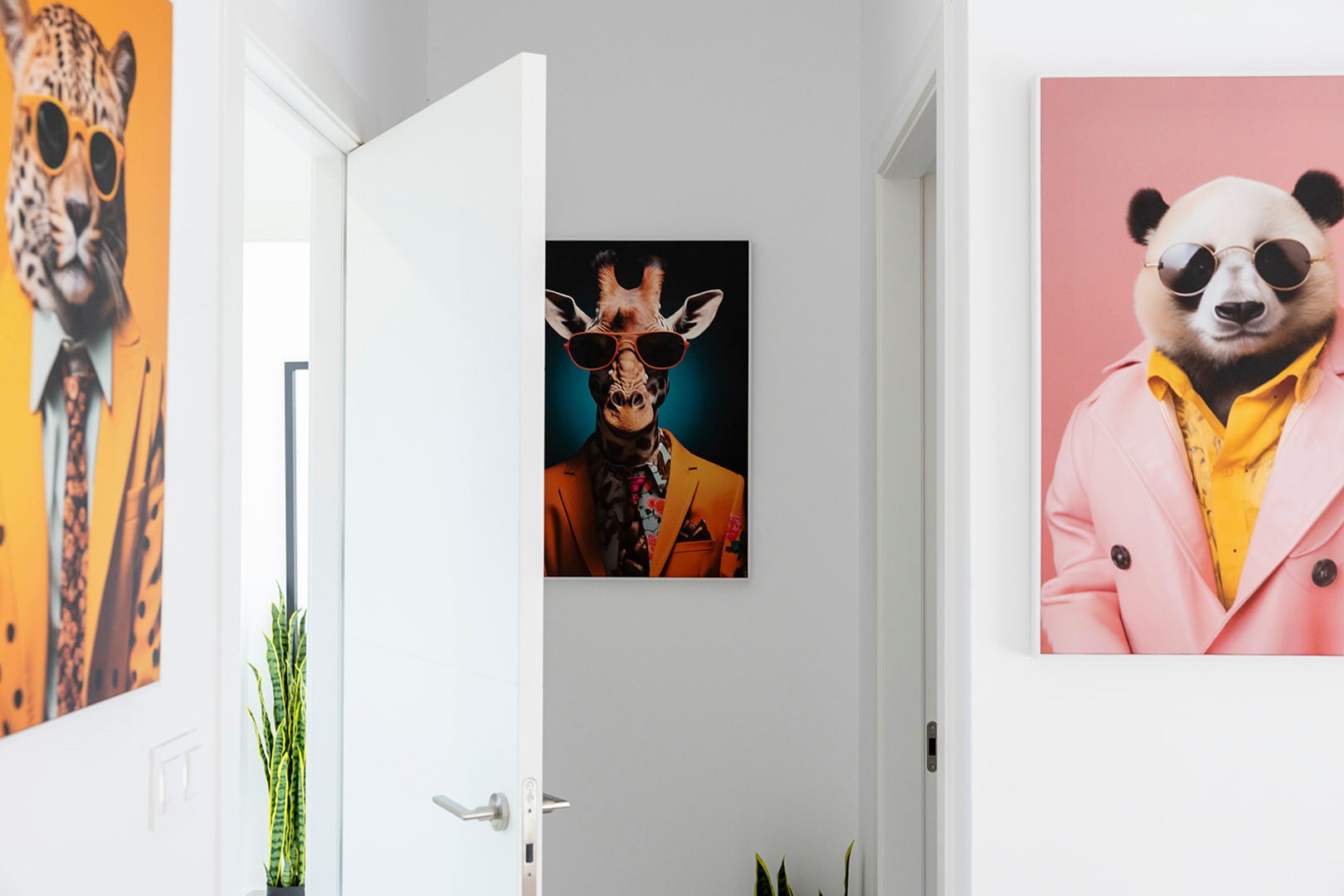 Minimalistischer Flur mit glatten weißen Türen und einer lebhaften Sammlung von Pop-Art-Tierporträts an hellen Wänden.