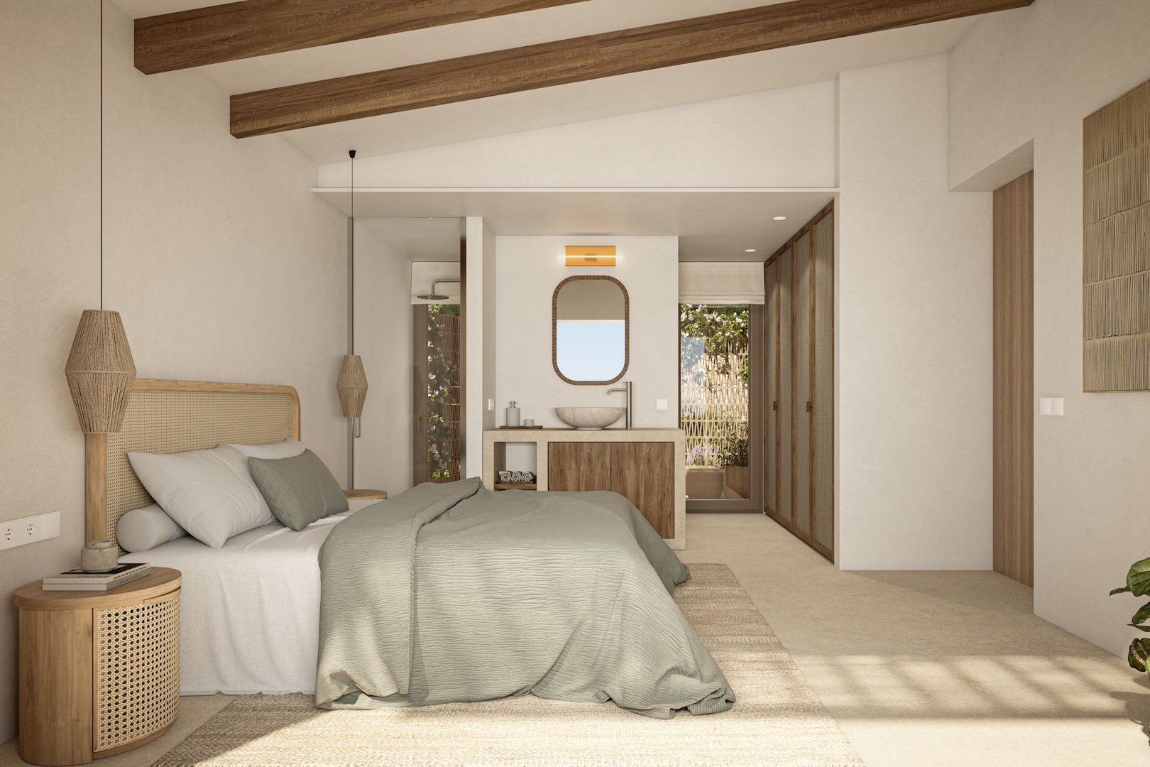 Hauptschlafzimmer mit Holzbalkendecke, integriertem Steinwaschbecken und natürlichen Rattanelementen in einem hellen, mediterranen Ambiente.