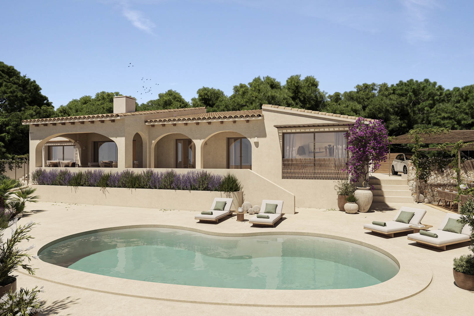 Mediterrane Villa mit Rundbogen-Veranden, organisch geformtem Pool und Sonnenterrasse, umgeben von Lavendel und Bougainvillea.
