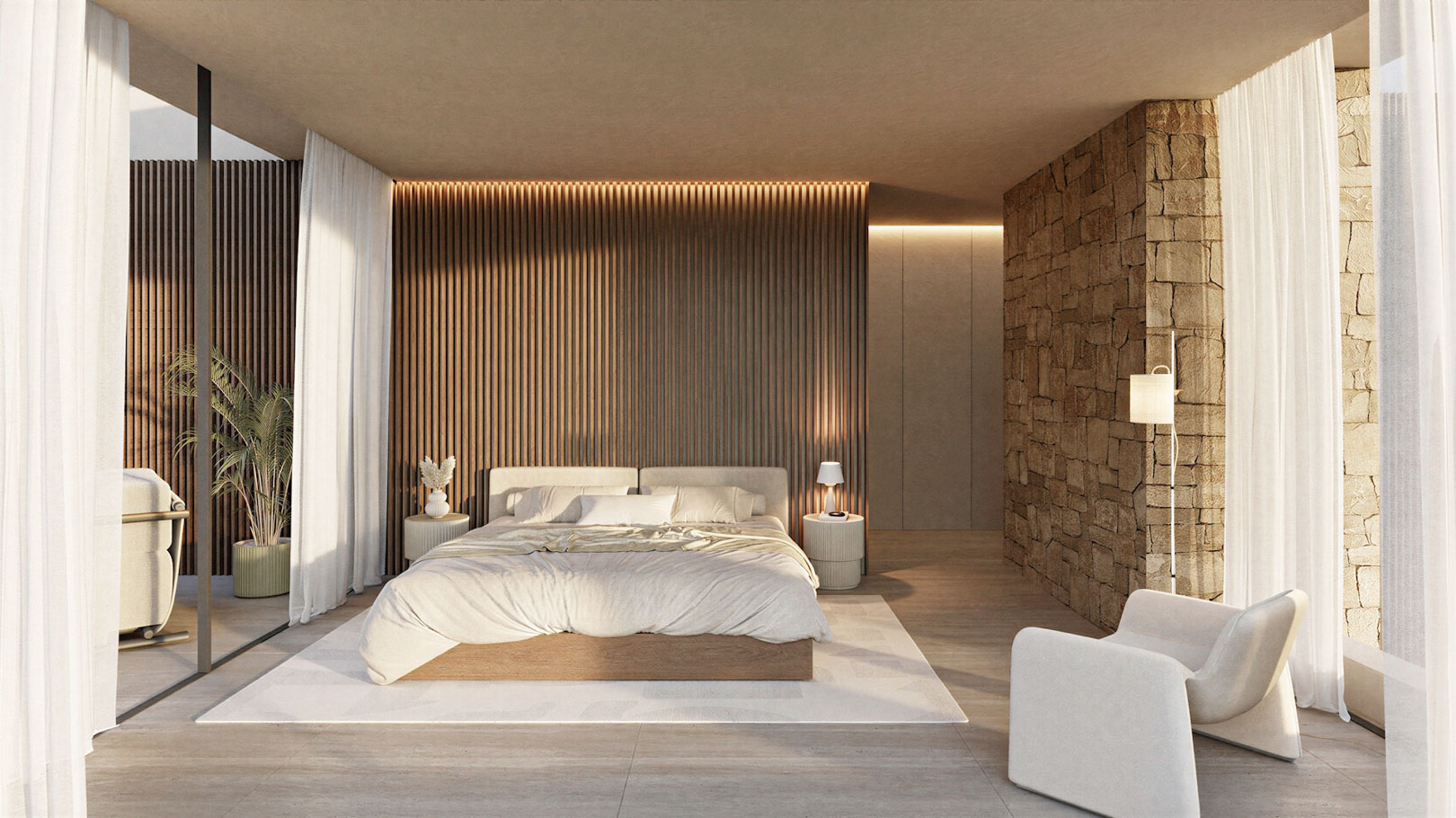 Minimalistisches Hauptschlafzimmer mit einer beleuchteten Holzlamellenwand, einer Natursteinmauer und bodentiefen Glasfronten mit weißen Vorhängen.