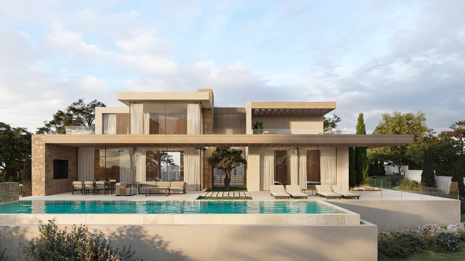 Moderne zweistöckige Villa mit Infinity-Pool, Natursteinwänden und großzügigen Glasfronten unter Holzvordächern mit integrierten Außenwohnbereichen.