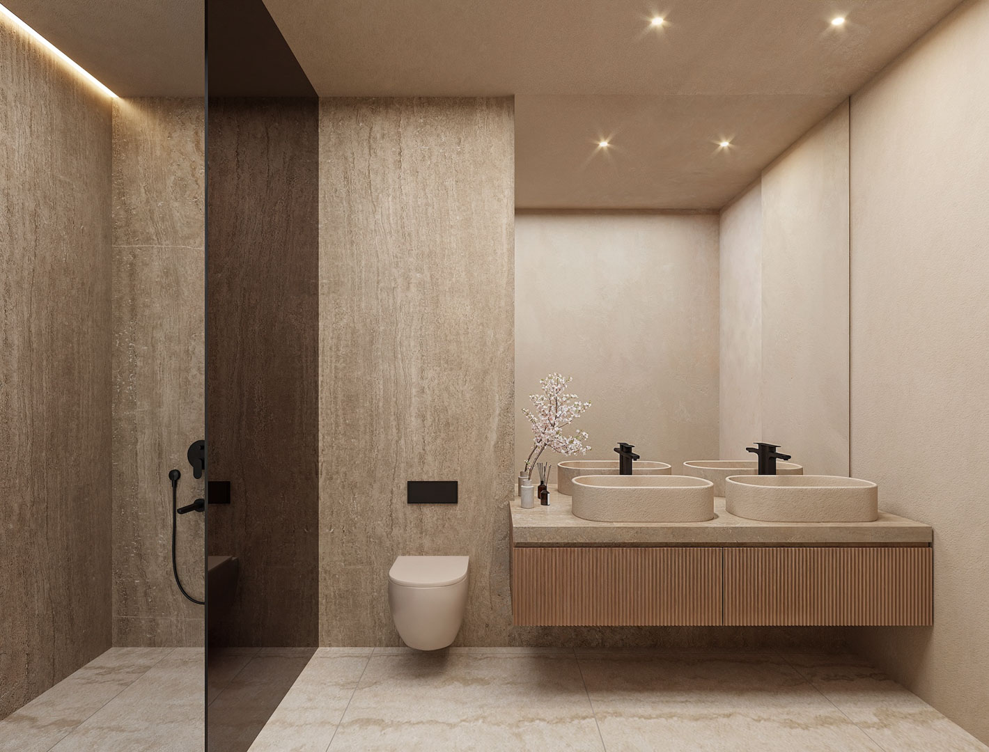 Modernes Badezimmer mit Doppelwaschbecken aus Stein, schwarzen Armaturen, geriffeltem Holzunterschrank und begehbarer Dusche mit dunkler Glaswand.