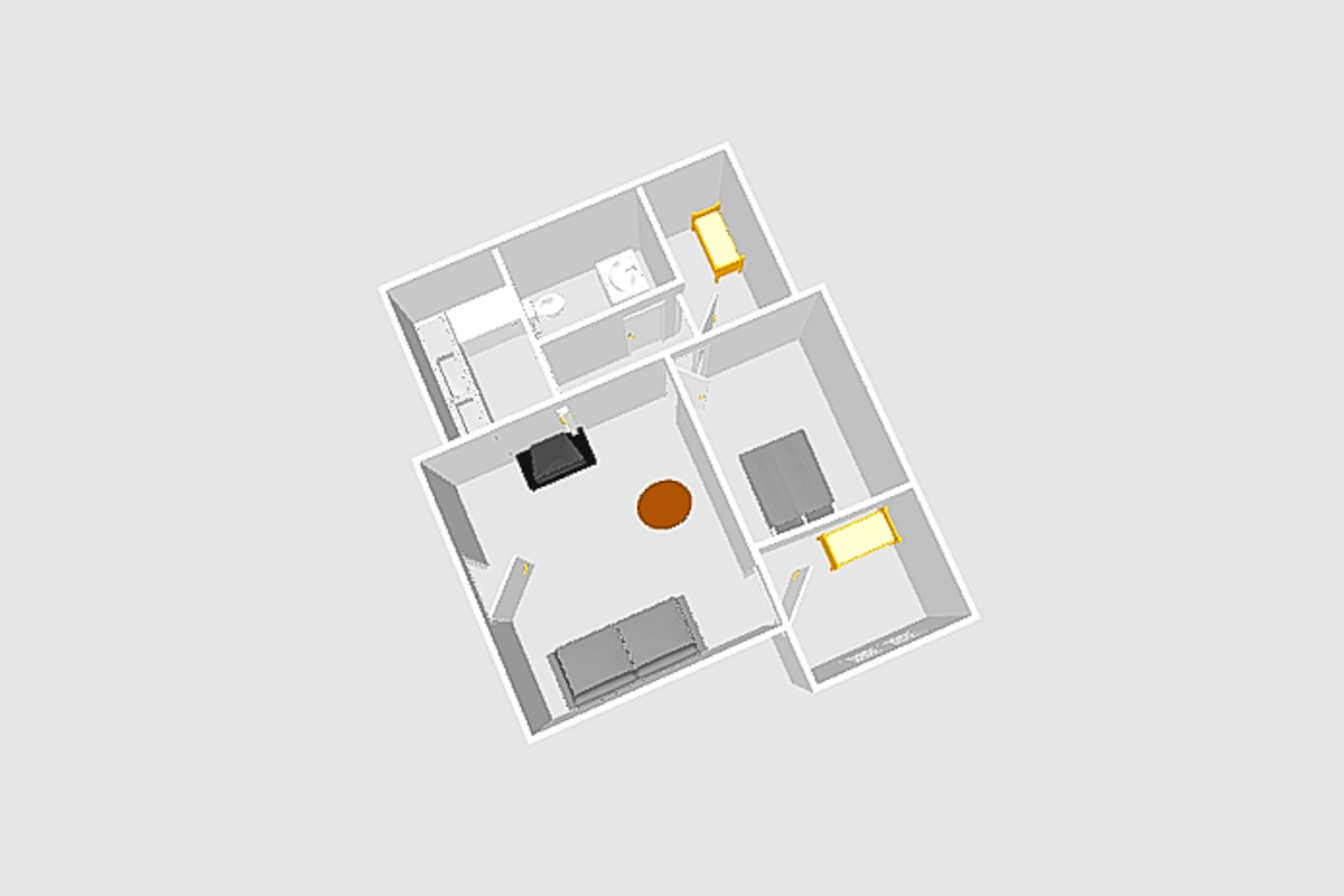 Detaillierter 3D-Grundriss, der die funktionale Aufteilung auf einer Ebene zeigt, inklusive Wohnzimmer mit Kamin, separater Küche und drei Schlafzimmern.